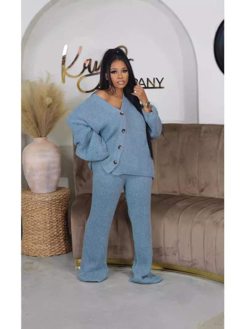 Vinter Striksæt til Kvinder med Knapper og V-hals