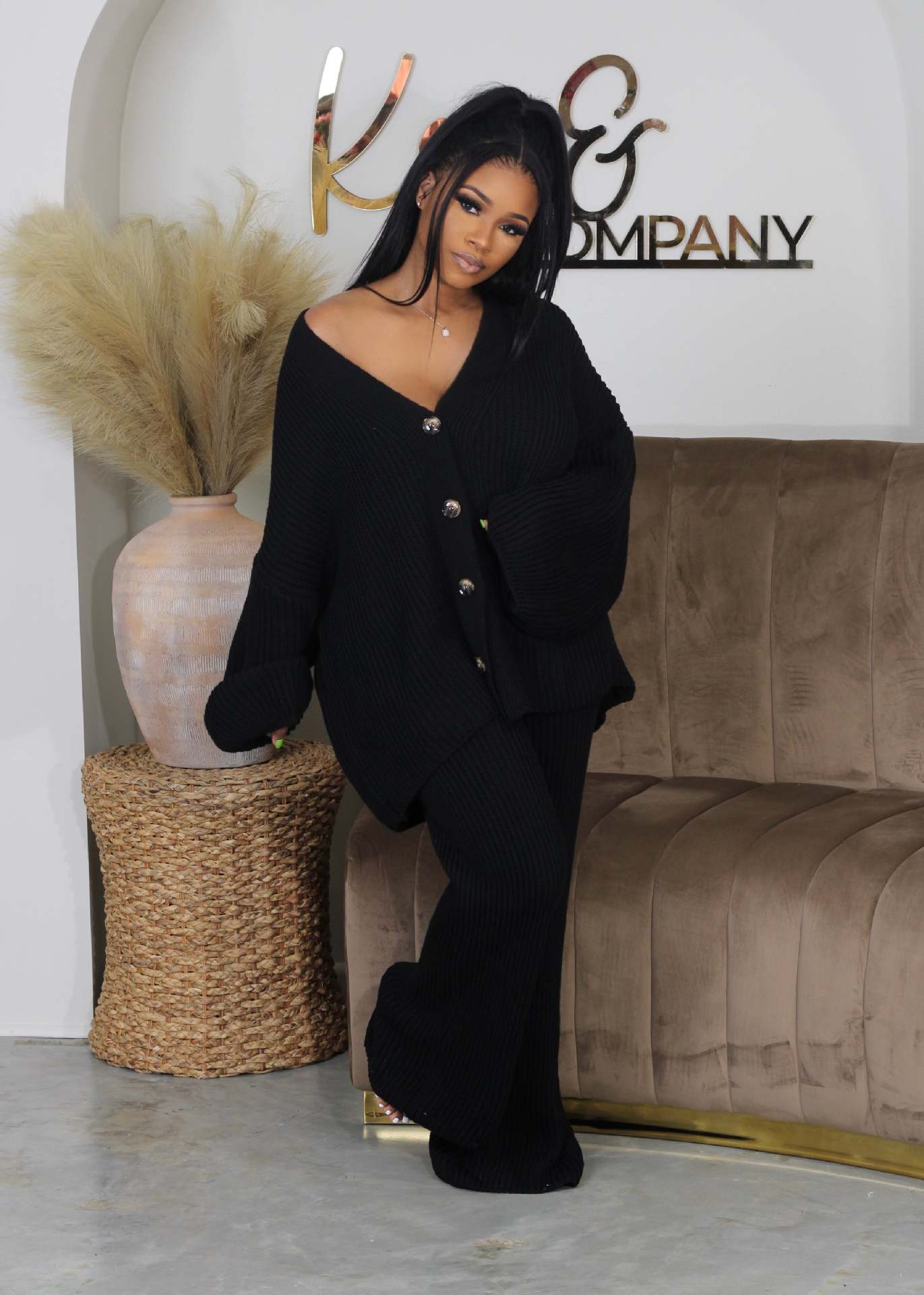 Vinter Striksæt til Kvinder med Knapper og V-hals